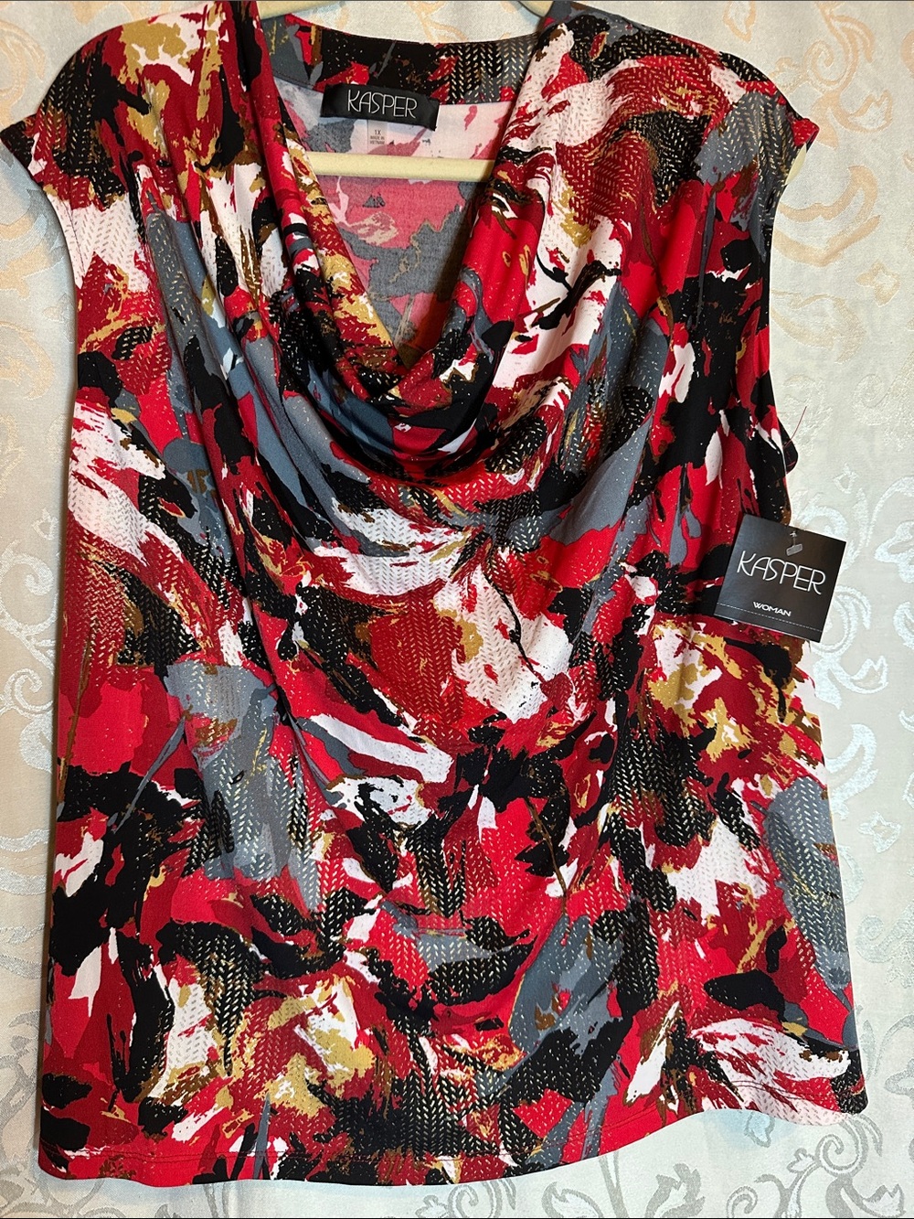 Kasper Red Black Abstract Cowl Neck Camisole